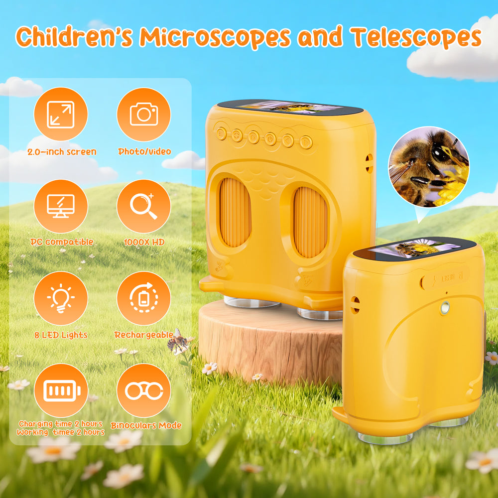 1000X 2-in-1 Handheld Microscope and Binoculars for Kids, Temodu 4K 2.0" Screen Educational Science Kit Digital Microscope, Rechargeable Mini Pocket Binoculars, Birthday, Ages 3+ (Orange)