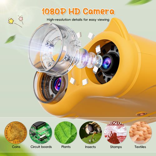 1000X 2-in-1 Handheld Microscope and Binoculars for Kids, Temodu 4K 2.0" Screen Educational Science Kit Digital Microscope, Rechargeable Mini Pocket Binoculars, Birthday, Ages 3+ (Orange)