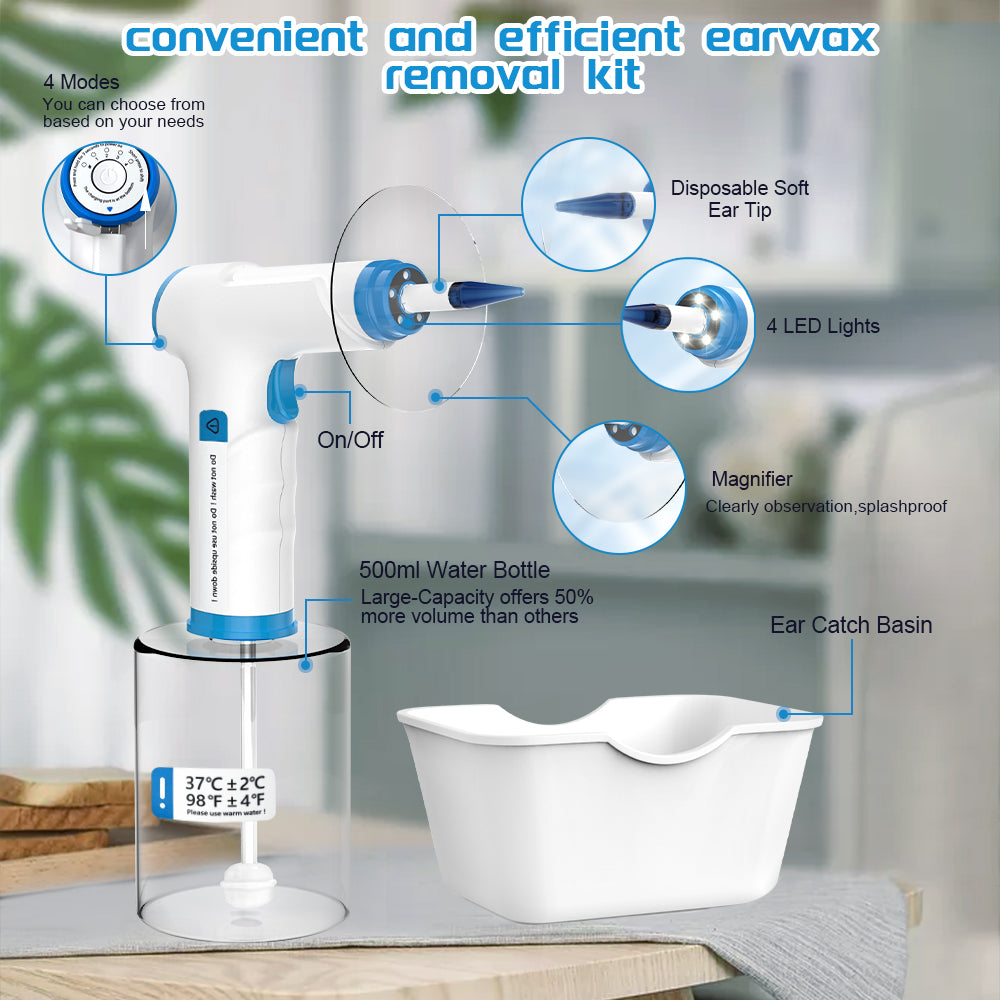 Ohrenschmalz Entferner, Elektrische Ohrenreinigungsset, 4 Reinigungsmodus Einstellungen, Wiederaufladbarer Ohrenreiniger, Sicherer, Effektiver Ohrenreiniger, Mit 9+1 Ohr Tipps und Wasser Fang Becken