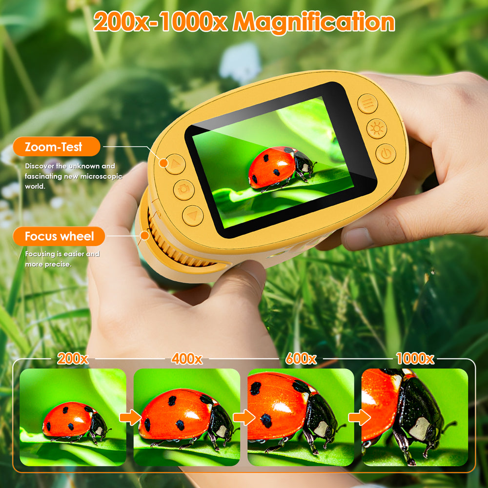 1000X Handheld Microscope for Kids, Temodu Portable Digital Miniscope 2.0" Screen Educational Microscope Science Kits, Used as a Birthday, Ages 3+