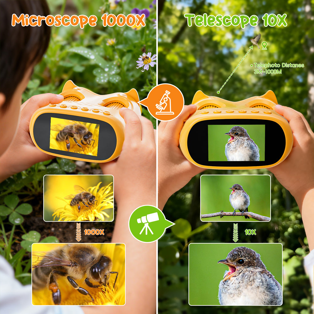 1000X 2-in-1 Handheld Microscope and Binoculars for Kids, Temodu 4K 2.0" Screen Educational Science Kit Digital Microscope, Rechargeable Mini Pocket Binoculars, Birthday, Ages 3+ (Orange)