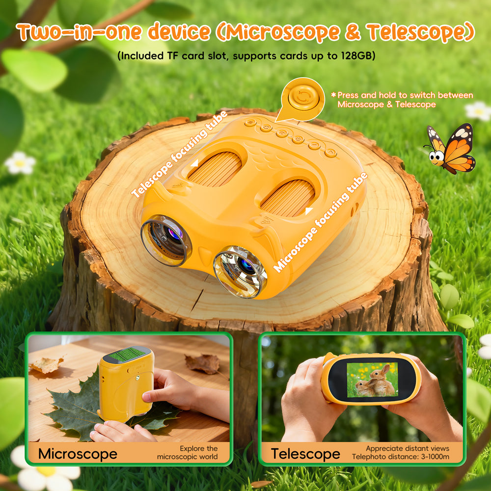 1000X 2-in-1 Handheld Microscope and Binoculars for Kids, Temodu 4K 2.0" Screen Educational Science Kit Digital Microscope, Rechargeable Mini Pocket Binoculars, Birthday, Ages 3+ (Orange)
