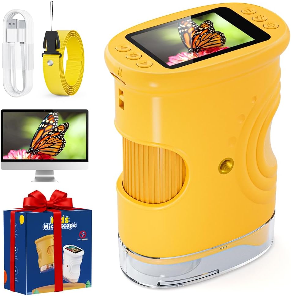 1000X Handheld Microscope for Kids, Temodu Portable Digital Miniscope 2.0" Screen Educational Microscope Science Kits, Used as a Birthday, Ages 3+